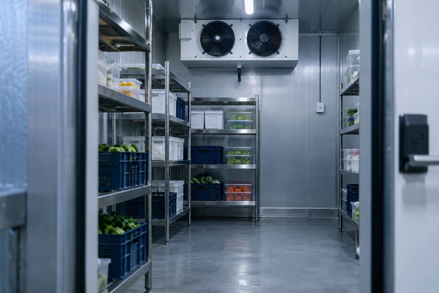 Illustrative commercial cool room with refrigerated food storage