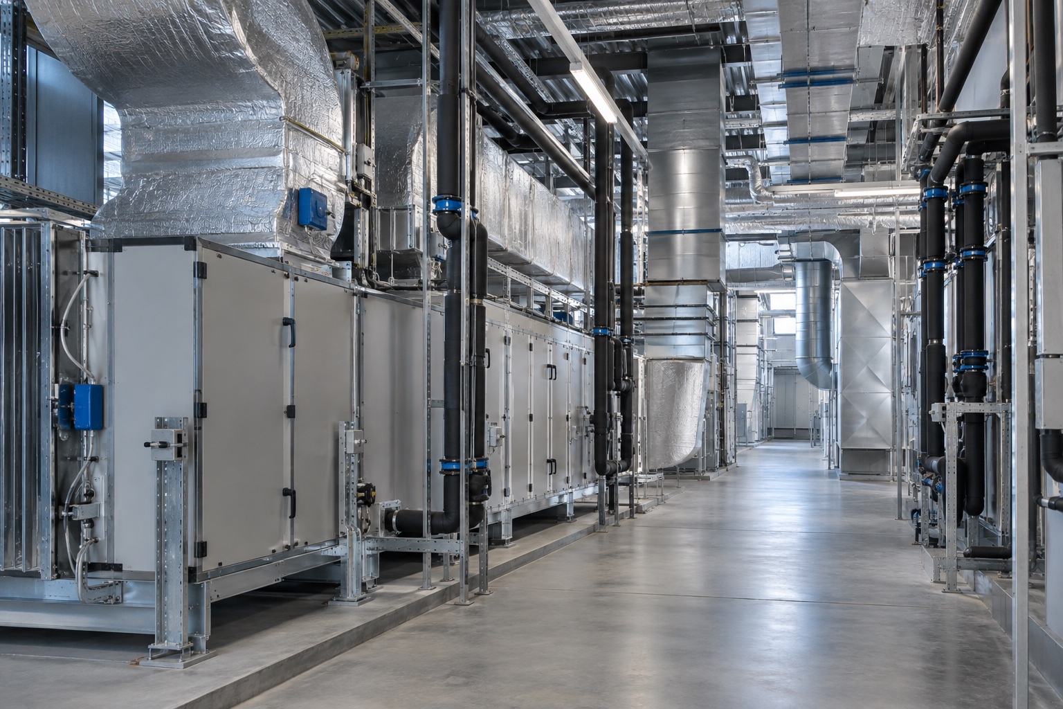 Illustrative HVAC plant room with ventilation ducts and equipment